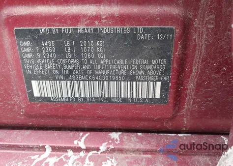 2012 Subaru Legacy 2.5I Limited z USA, uszkodzony, nr VIN 4S3BMCK64C3019850